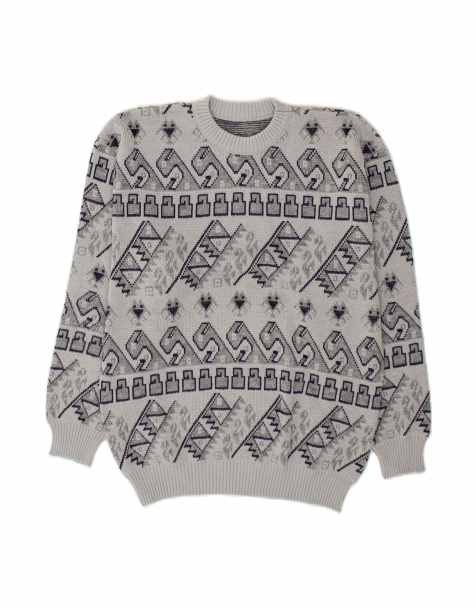 Vintage Crew Neck Jumper Sweater Large In Grey Fair Isle - view 1