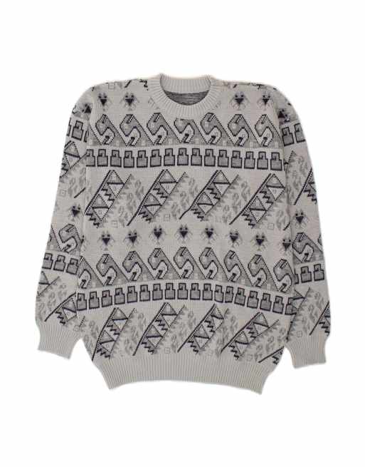 Vintage Crew Neck Jumper Sweater Large In Grey Fair Isle