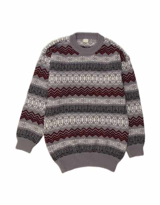 Vintage Crew Neck Jumper Sweater Large In Grey Fair Isle