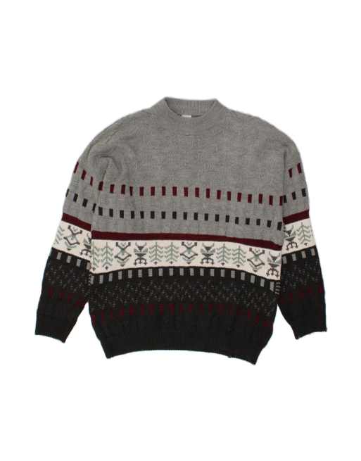 Vintage Crew Neck Jumper Sweater Large In Grey Fair Isle
