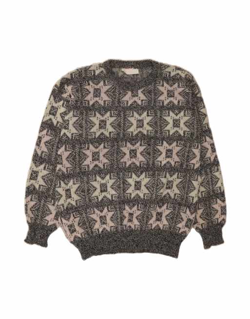 Vintage Crew Neck Jumper Sweater Large In Grey Geometric