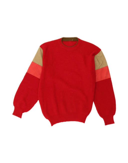 Vintage Crew Neck Jumper Sweater Large In Red Colourblock Wool
