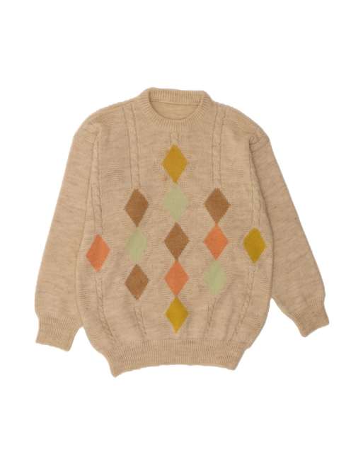 Vintage Crew Neck Jumper Sweater Medium In Beige Argyle/diamond