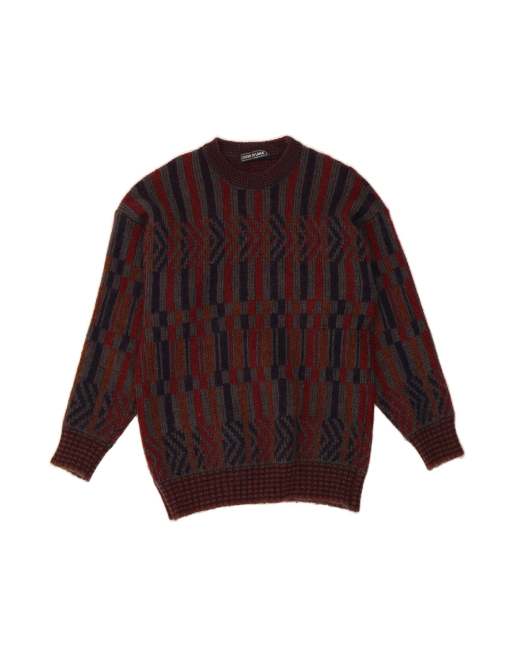 Vintage Crew Neck Jumper Sweater Medium In Burgundy Geometric
