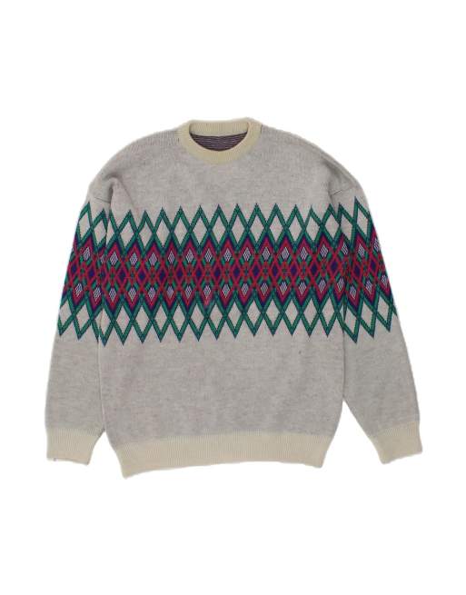 Vintage Crew Neck Jumper Sweater Medium In Grey Argyle/diamond