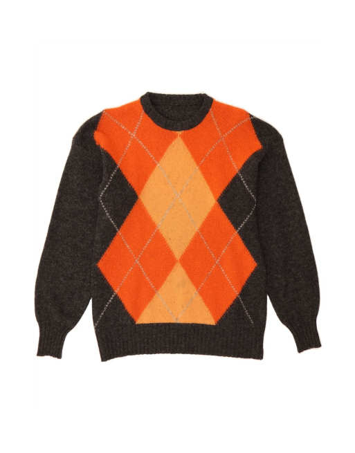 Vintage Crew Neck Jumper Sweater Medium In Grey Argyle/diamond