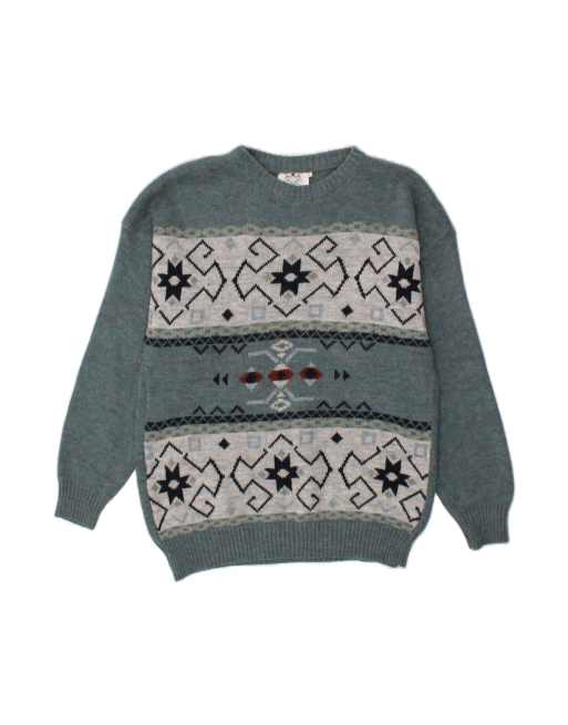 Vintage Crew Neck Jumper Sweater Medium In Grey Fair Isle Wool