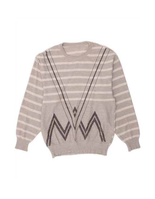 Vintage Crew Neck Jumper Sweater Medium In Grey Striped