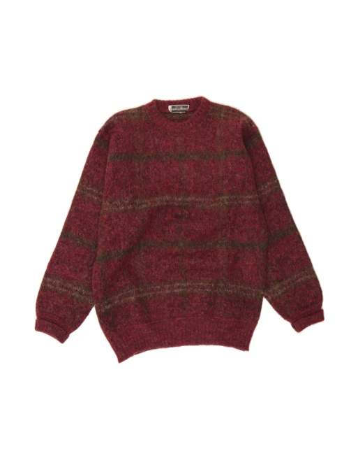 Vintage Crew Neck Jumper Sweater Medium In Maroon Striped
