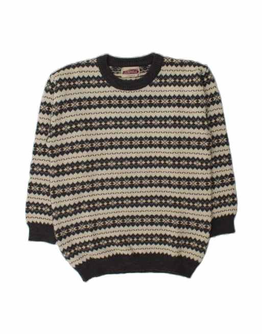 Vintage Crew Neck Jumper Sweater Small In Grey Fair Isle Wool