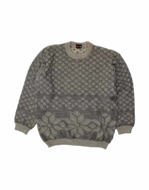 Vintage Crew Neck Jumper Sweater Small In Grey Fair Isle Wool
