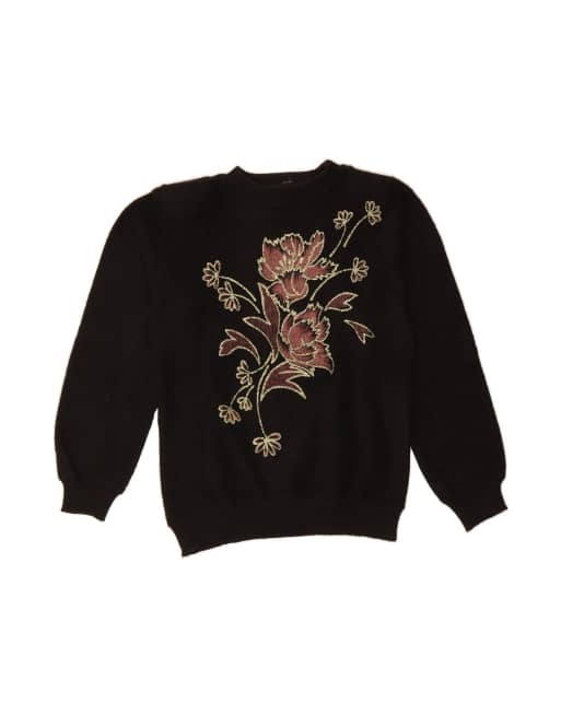 Vintage Crew Neck Jumper Sweater UK 10 Small In Black Floral
