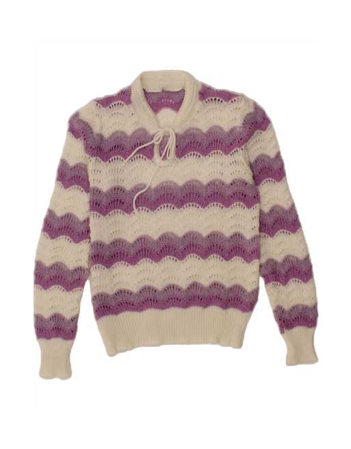 Vintage Crew Neck Jumper Sweater UK 12 Medium In Off In White Striped