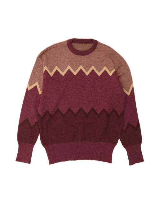 Vintage Crew Neck Jumper Sweater UK 14 Large In Burgundy Colourblock