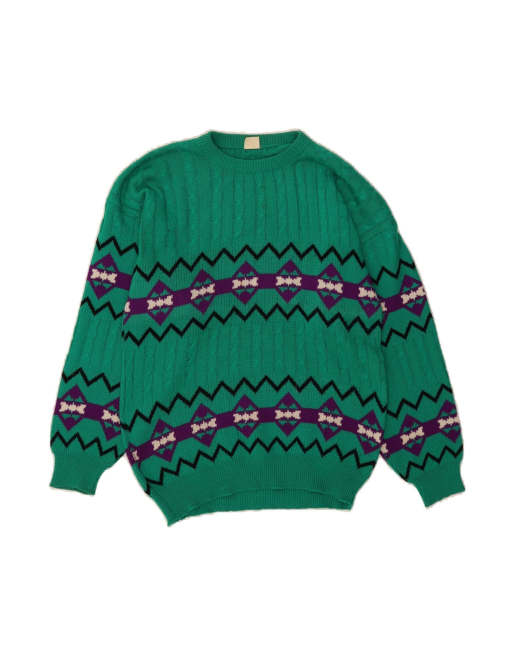 Vintage Crew Neck Jumper Sweater UK 14 Large In Green Fair Isle