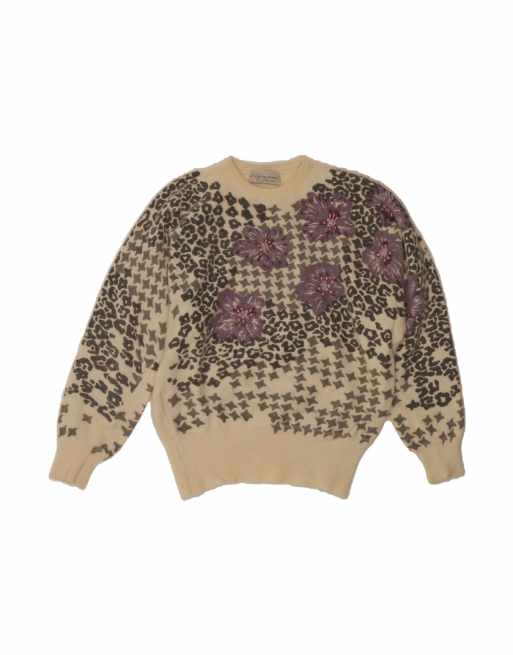 Vintage Crew Neck Jumper Sweater UK 14 Large In Off In White Floral