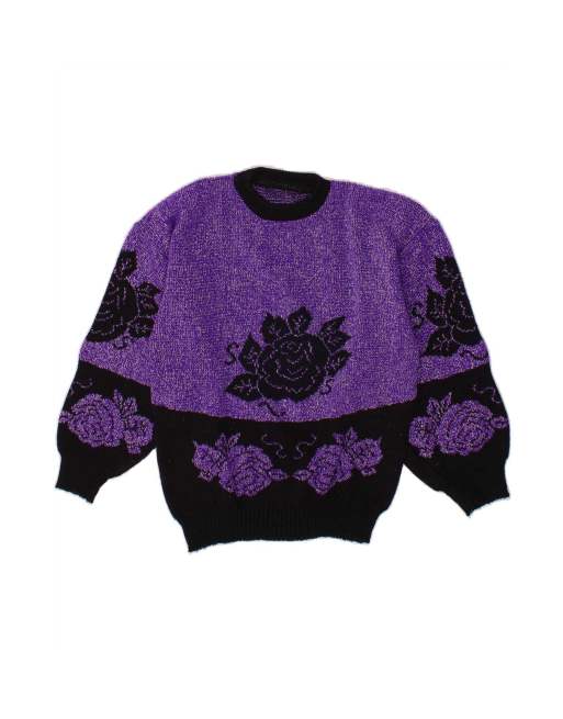 Vintage Crew Neck Jumper Sweater UK 14 Large In Purple Floral