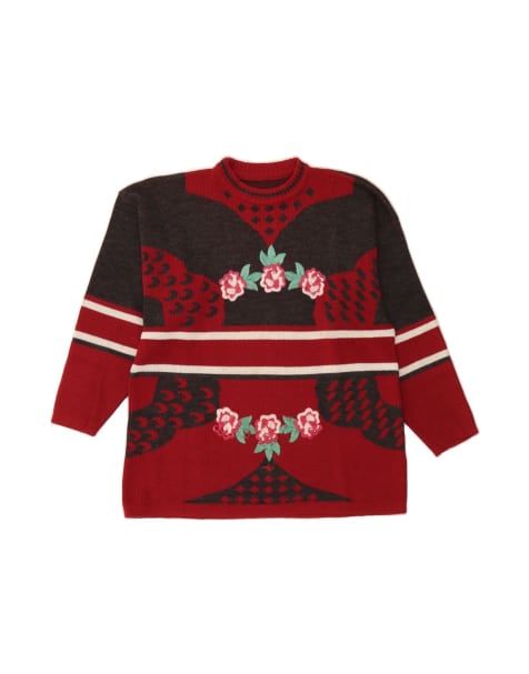 Vintage Crew Neck Jumper Sweater UK 14 Large In Red Floral - view 1