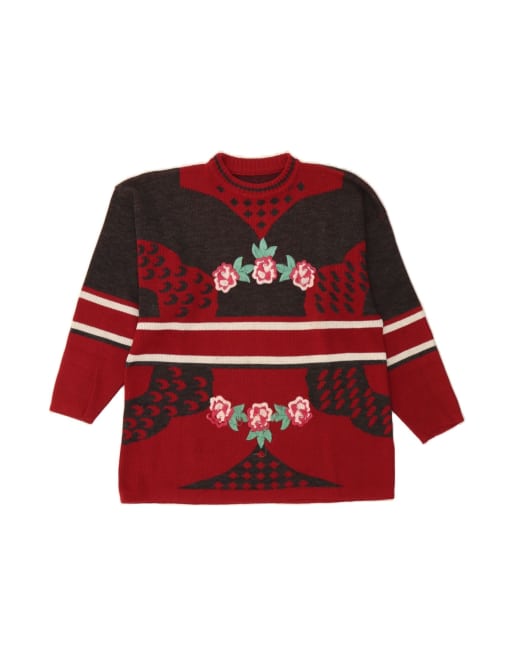Vintage Crew Neck Jumper Sweater UK 14 Large In Red Floral