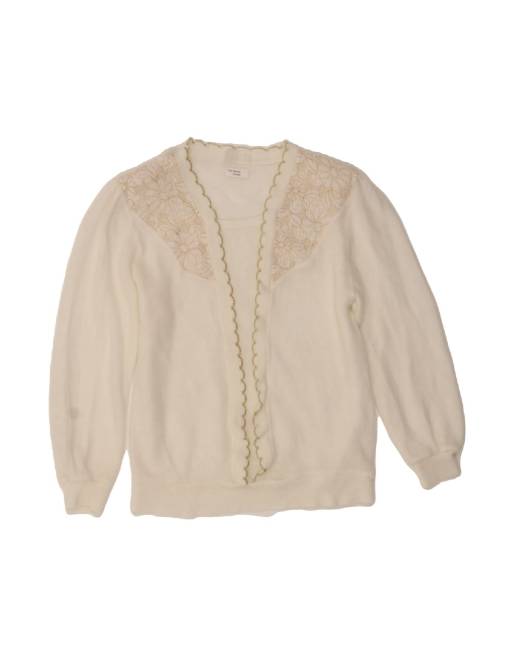 Vintage Crew Neck Jumper Sweater UK 14 Large In White Floral