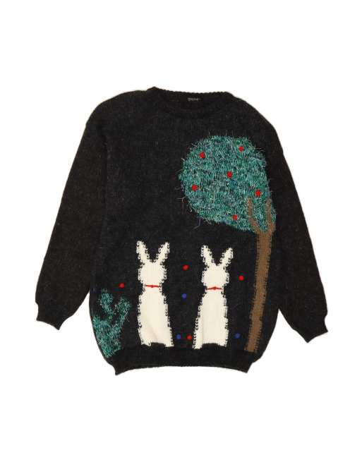 Vintage Crew Neck Jumper Sweater UK 14 Medium In Black Animal Print
