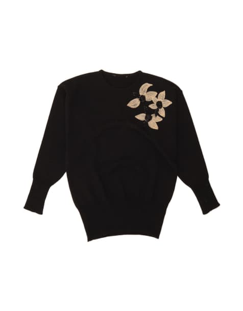 Vintage Crew Neck Jumper Sweater UK 14 Medium In Black Floral Wool - view 1
