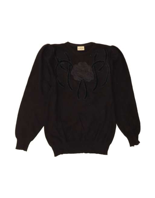 Vintage Crew Neck Jumper Sweater UK 14 Medium In Black Floral