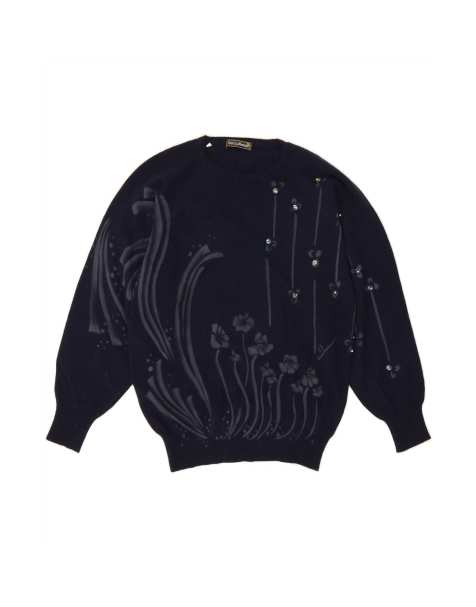 Vintage Crew Neck Jumper Sweater UK 14 Medium In Blue Floral Wool - view 1