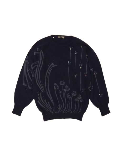 Vintage Crew Neck Jumper Sweater UK 14 Medium In Blue Floral Wool