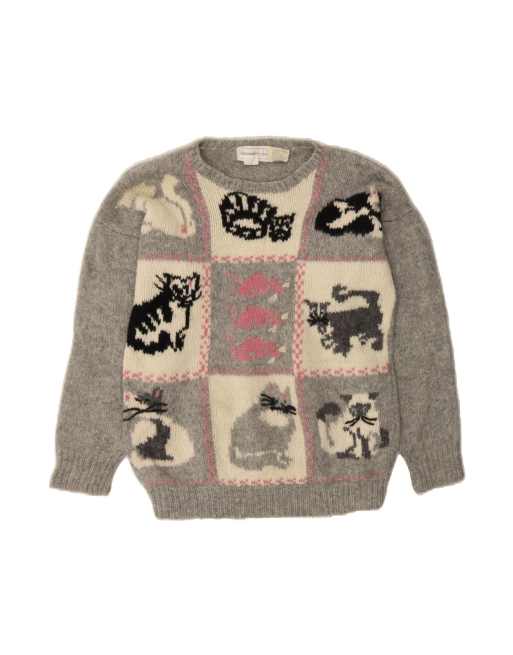 Vintage Crew Neck Jumper Sweater UK 14 Medium In Grey Animal Print