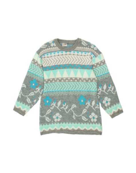 Vintage Crew Neck Jumper Sweater UK 14 Medium In Grey Fair Isle - view 1