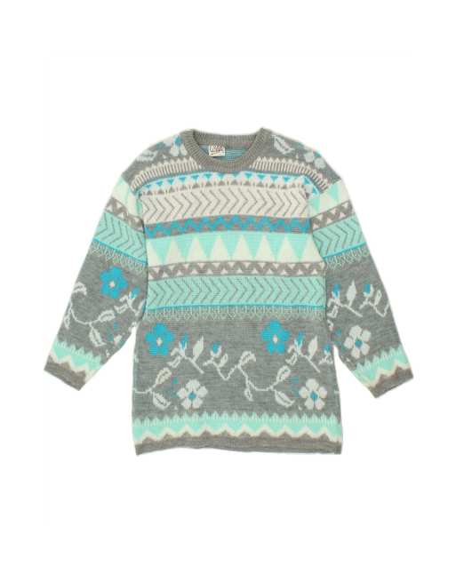 Vintage Crew Neck Jumper Sweater UK 14 Medium In Grey Fair Isle
