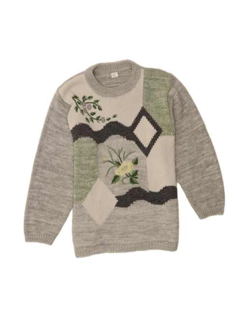 Vintage Crew Neck Jumper Sweater UK 14 Medium In Grey Floral