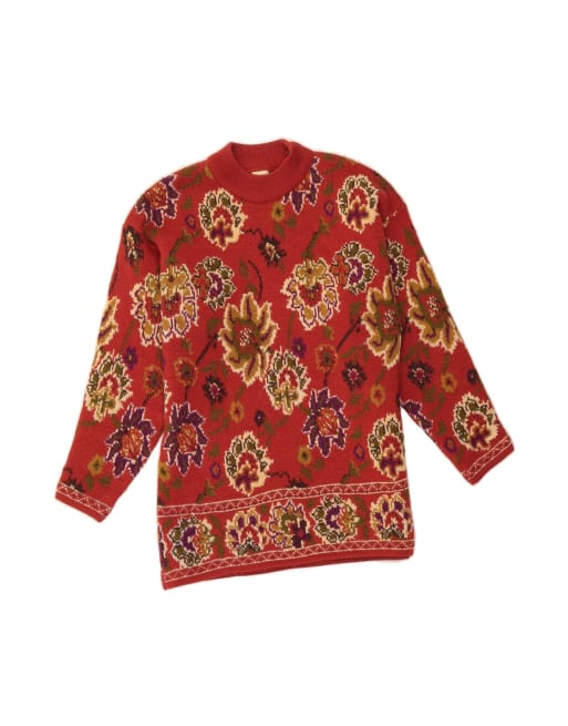 Vintage Crew Neck Jumper Sweater UK 14 Medium In Red Floral Wool