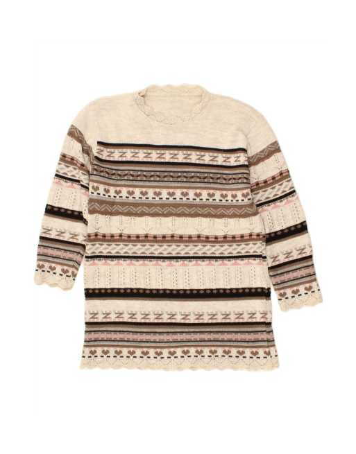 Vintage Crew Neck Jumper Sweater UK 14 Medium In White Fair Isle