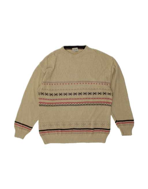 Vintage Crew Neck Jumper Sweater UK 16 Large In Beige Fair Isle