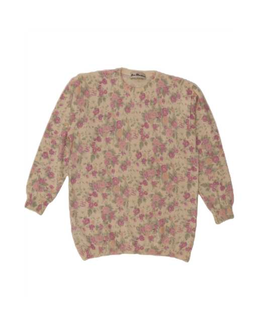 Vintage Crew Neck Jumper Sweater UK 16 Large In Beige Floral