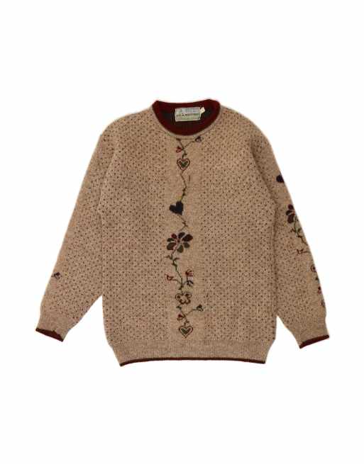 Vintage Crew Neck Jumper Sweater UK 16 Large In Beige Floral