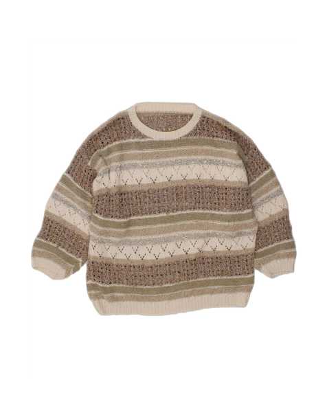 Vintage Crew Neck Jumper Sweater UK 16 Large In Beige Striped - view 1