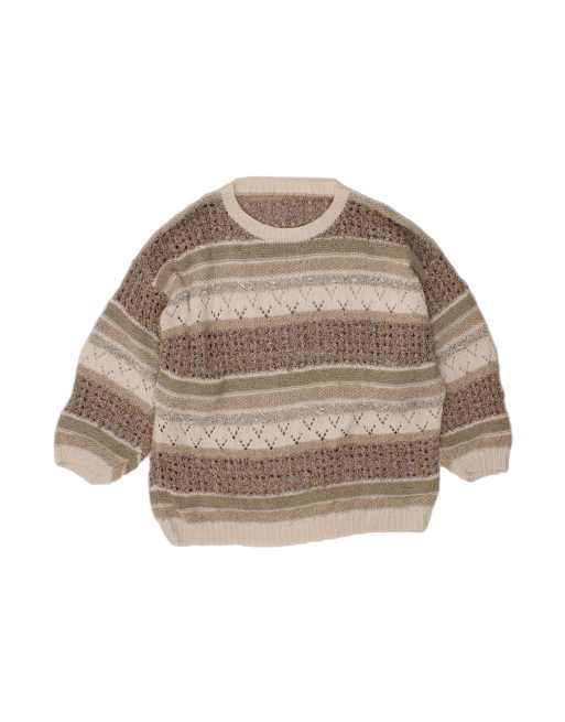 Vintage Crew Neck Jumper Sweater UK 16 Large In Beige Striped
