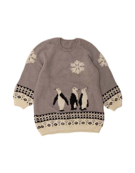 Vintage Crew Neck Jumper Sweater UK 16 Large In Grey Animal Print