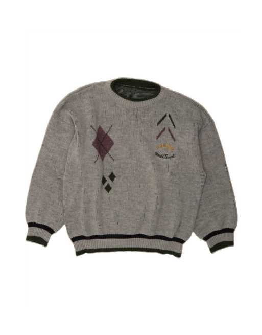 Vintage Crew Neck Jumper Sweater UK 16 Large In Grey Geometric