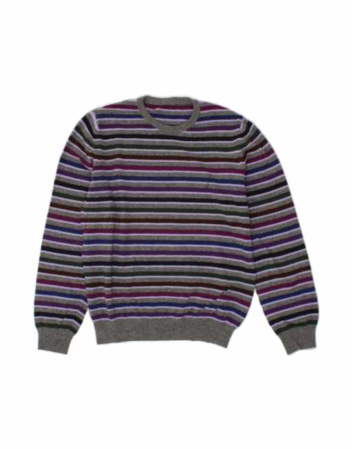 Vintage Crew Neck Jumper Sweater UK 16 Large In Grey Striped
