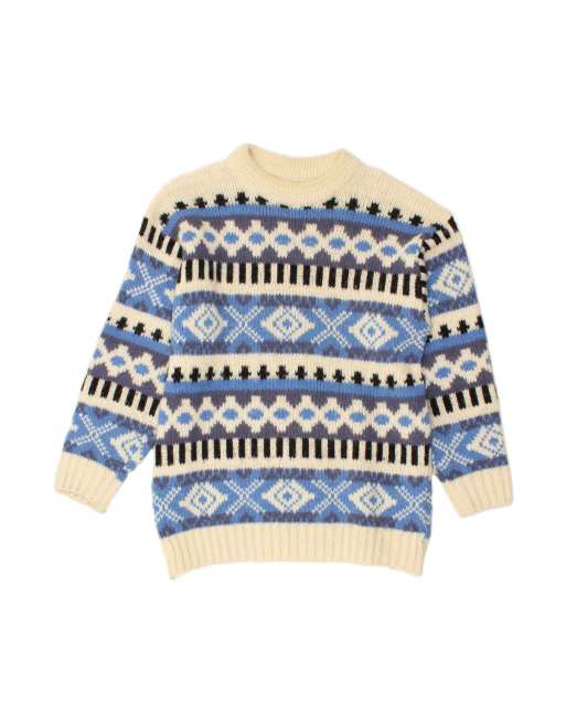 Vintage Crew Neck Jumper Sweater UK 16 Large In Off In White Fair Isle