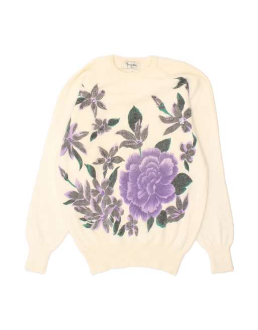 Vintage Crew Neck Jumper Sweater UK 16 Large In White Floral