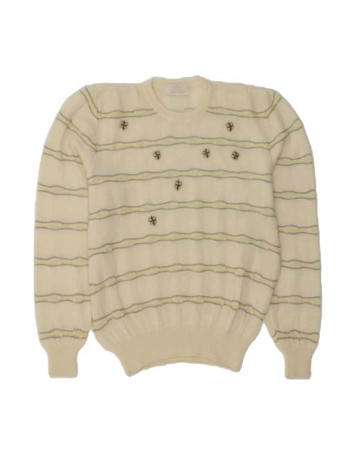 Vintage Crew Neck Jumper Sweater UK 16 Large In White Striped