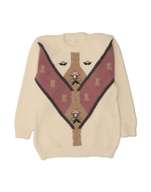 Vintage Crew Neck Jumper Sweater UK 18 XL In Beige Colourblock