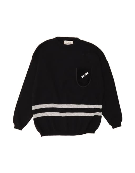 Vintage Crew Neck Jumper Sweater UK 18 XL In Black Striped Wool
