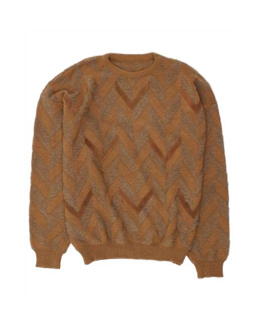 Vintage Crew Neck Jumper Sweater UK 18 XL In Brown Chevron