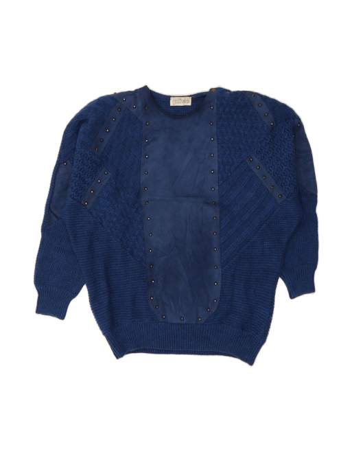 Vintage Crew Neck Jumper Sweater UK 20 2XL In Blue Patchwork Wool